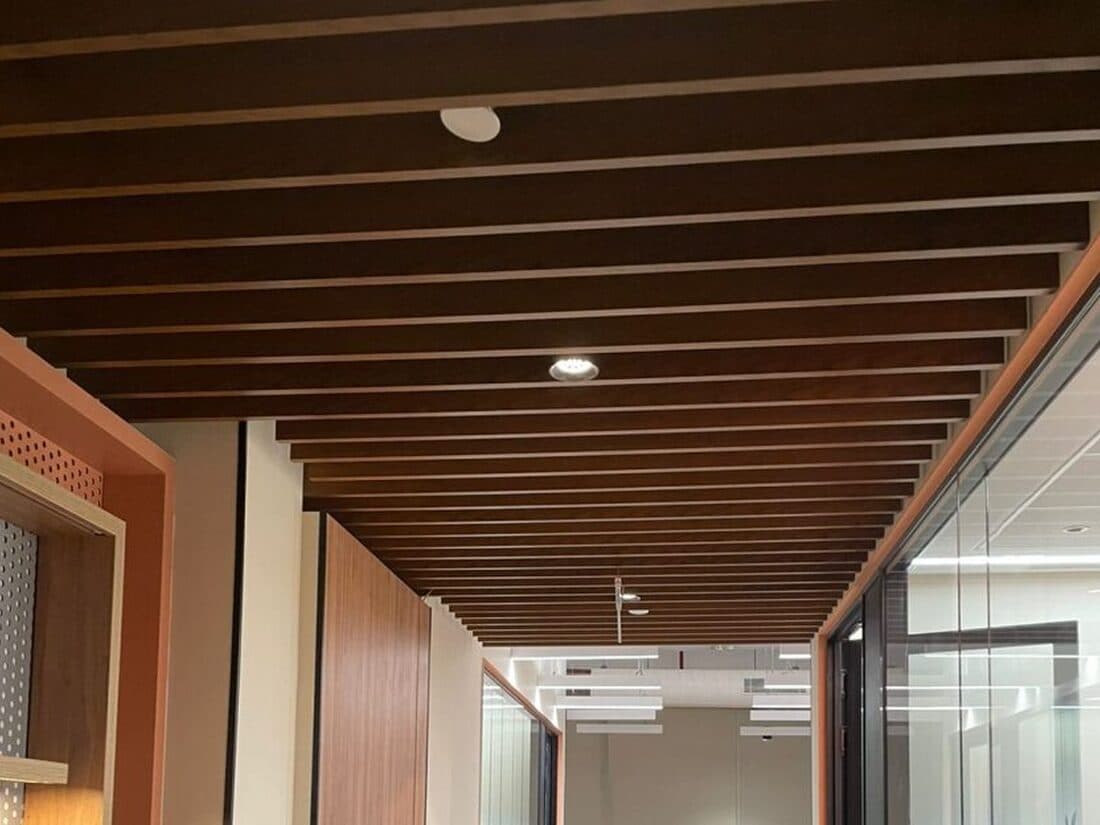 Linear wood ceiling, capital markets floor